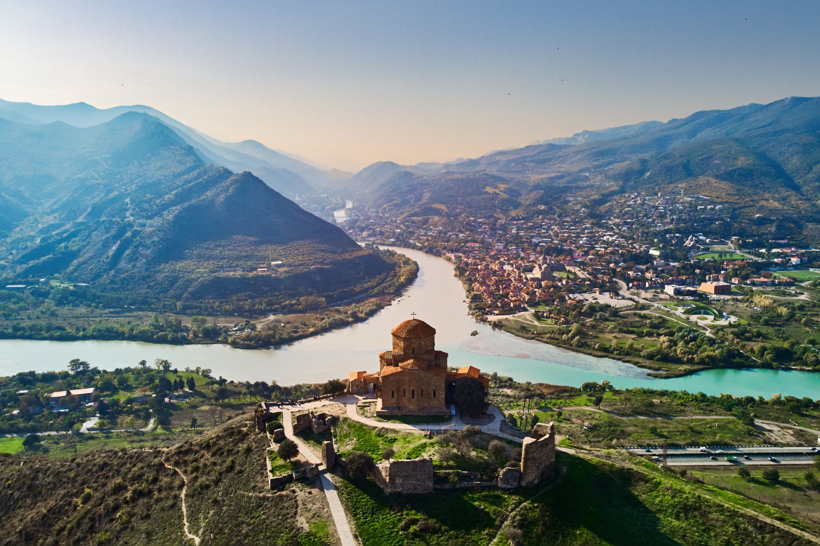 Top View Of Confluence Of Two Rivers And Jvari Monastery In The City Of Mtskheta In Georgia Country